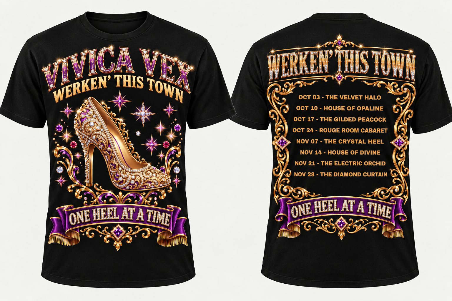 Custom drag tour shirt, front and back: a jeweled gold high heel on the front and a printed list of tour dates and venues on the back